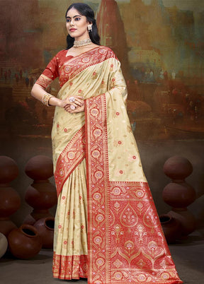 Beige Dupion Silk Saree With Blouse Piece