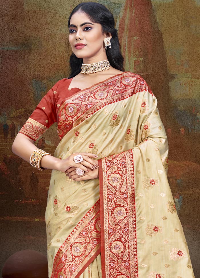 Beige Dupion Silk Saree With Blouse Piece