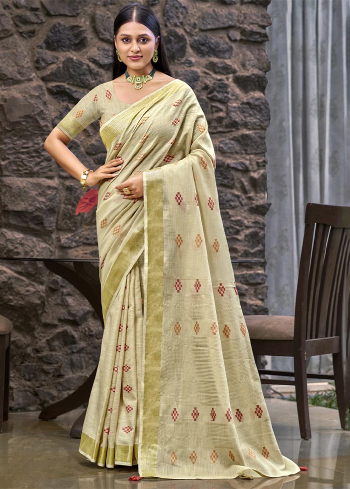 Cream Linen Silk Saree With Blouse Piece