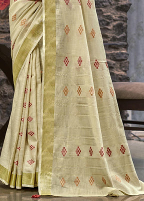 Cream Linen Silk Saree With Blouse Piece