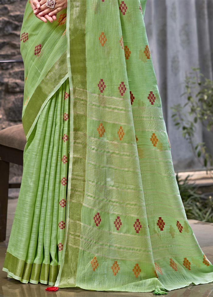 Green Linen Silk Saree With Blouse Piece