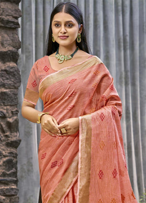 Peach Linen Silk Saree With Blouse Piece