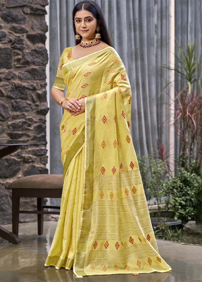 Yellow Linen Silk Saree With Blouse Piece