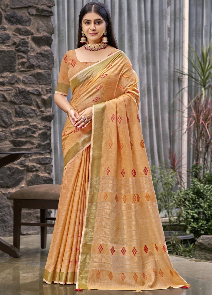 Orange Linen Silk Saree With Blouse Piece