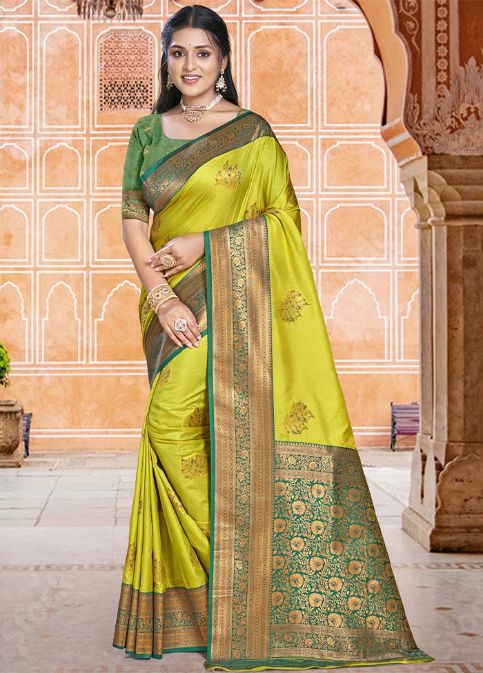 Parrot Green Dupion Silk Saree With Blouse Piece