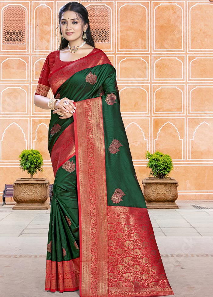 Dark Green Dupion Silk Saree With Blouse Piece