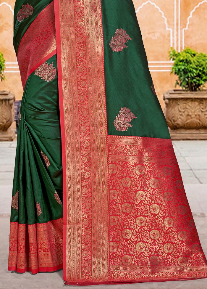 Dark Green Dupion Silk Saree With Blouse Piece