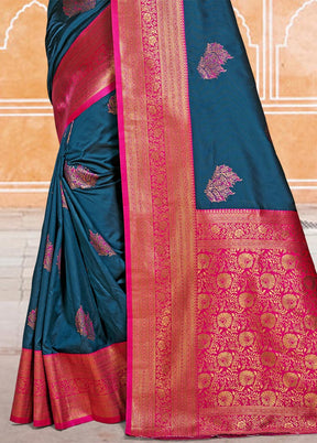 Blue Dupion Silk Saree With Blouse Piece