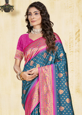 Blue Dupion Silk Saree With Blouse Piece