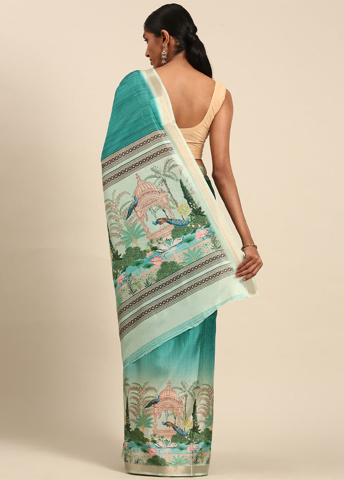 Turquoise Cotton Saree With Blouse Piece