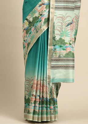 Turquoise Cotton Saree With Blouse Piece