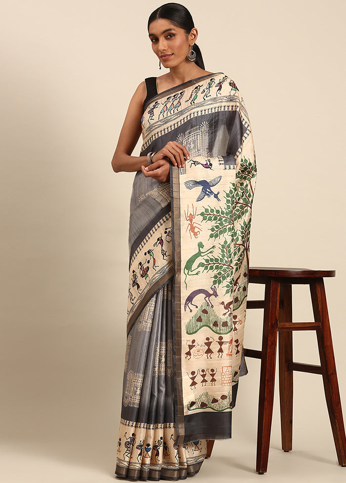 Grey Cotton Saree With Blouse Piece