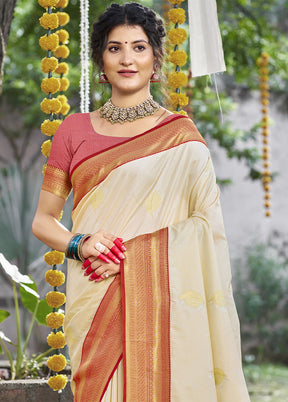 Cream Dupion Silk Saree With Blouse Piece