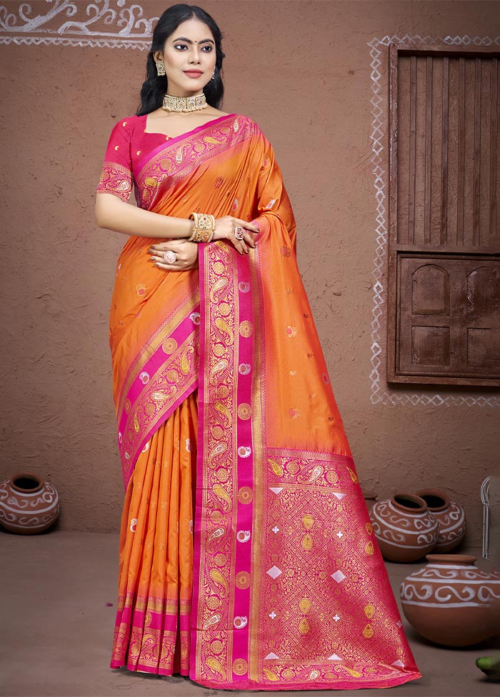 Orange Dupion Silk Saree With Blouse Piece