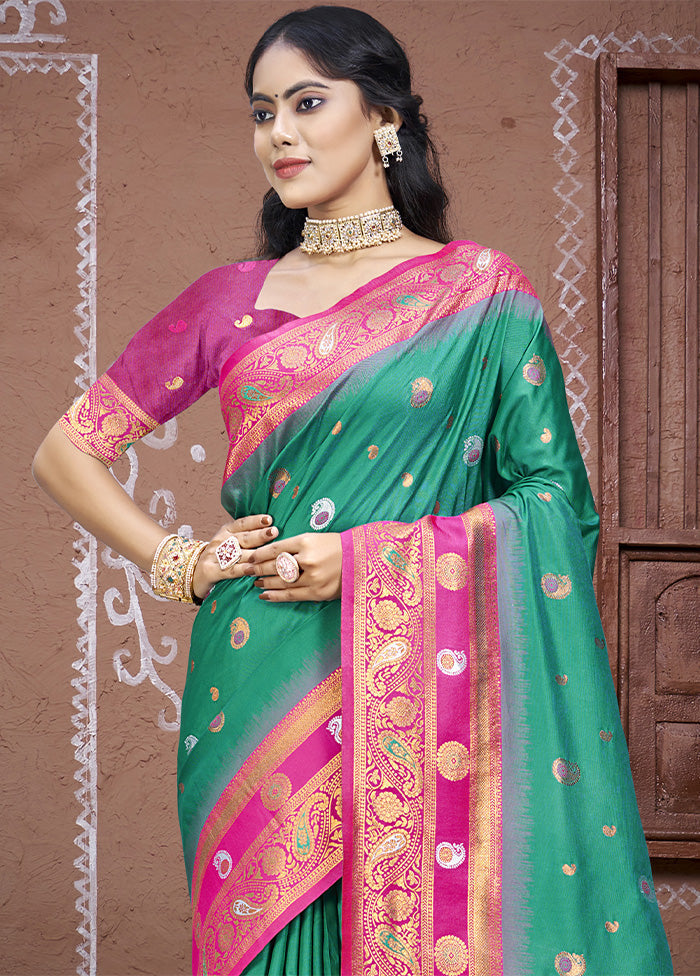 Teal Green Dupion Silk Saree With Blouse Piece