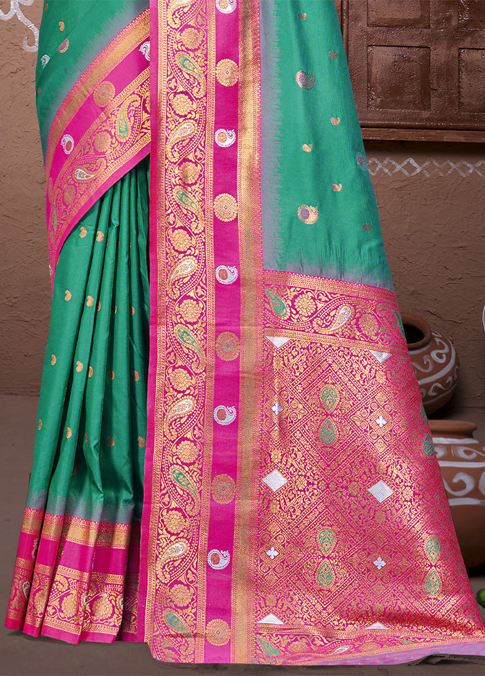 Teal Green Dupion Silk Saree With Blouse Piece