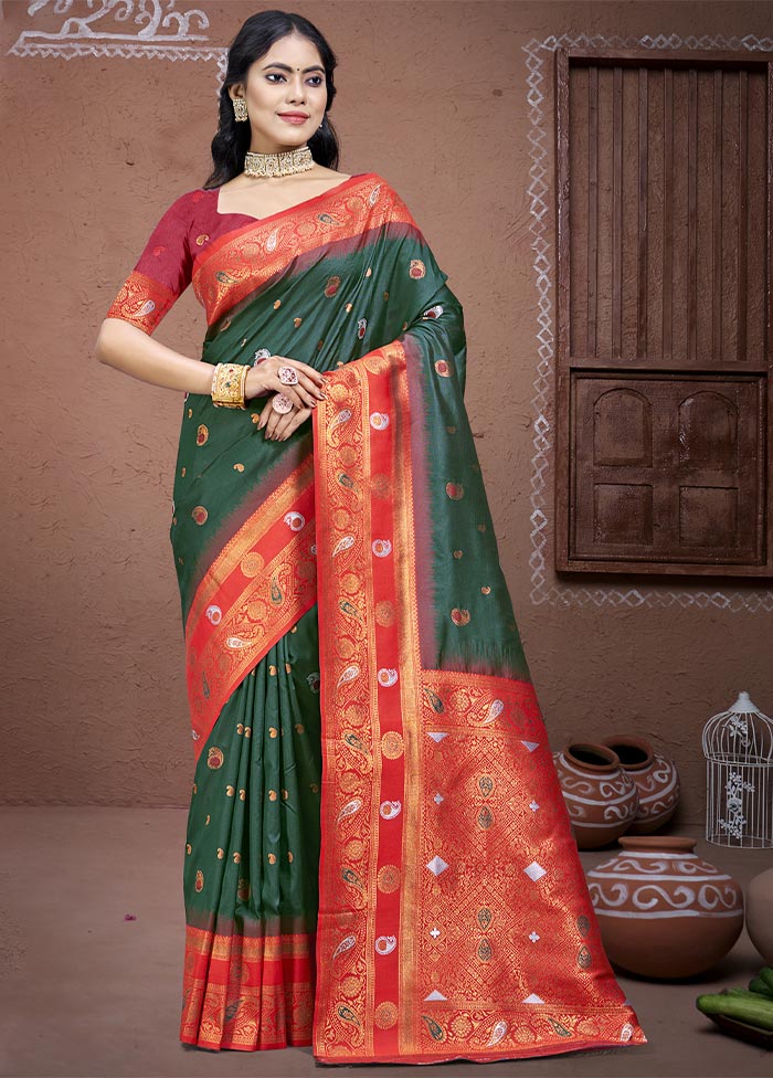 Bottle Green Dupion Silk Saree With Blouse Piece