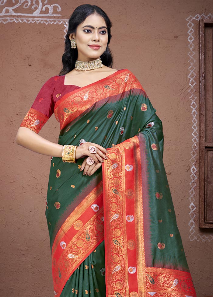 Bottle Green Dupion Silk Saree With Blouse Piece