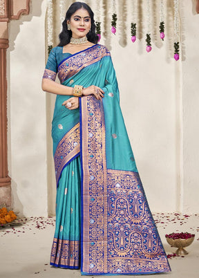 Sky Blue Dupion Silk Saree With Blouse Piece