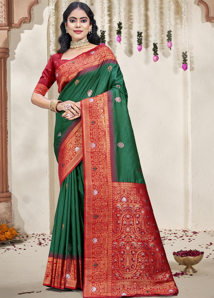 Bottle Green Dupion Silk Saree With Blouse Piece