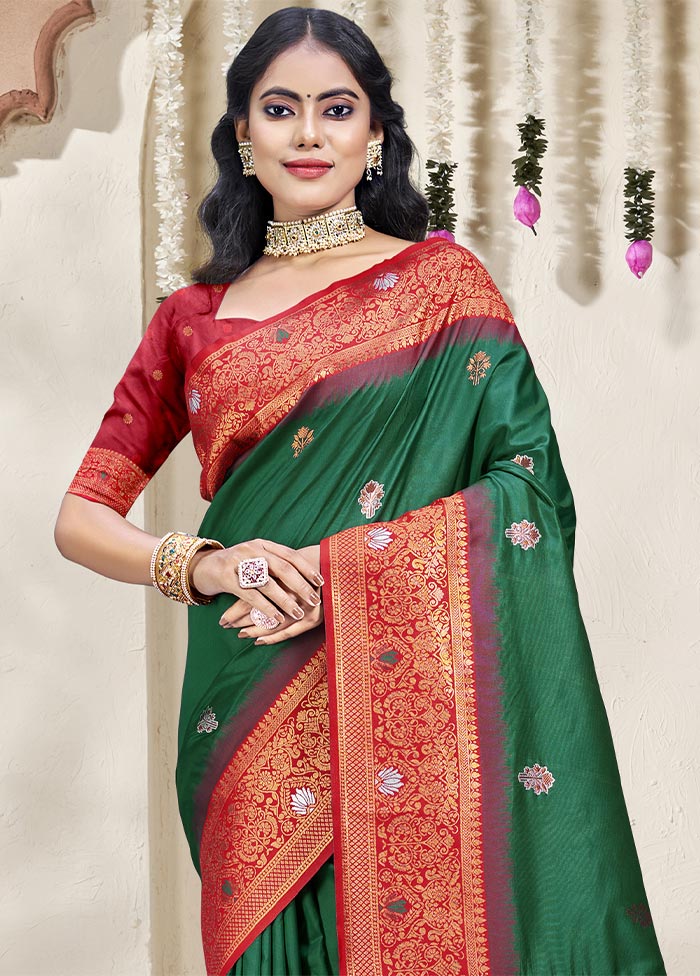 Bottle Green Dupion Silk Saree With Blouse Piece