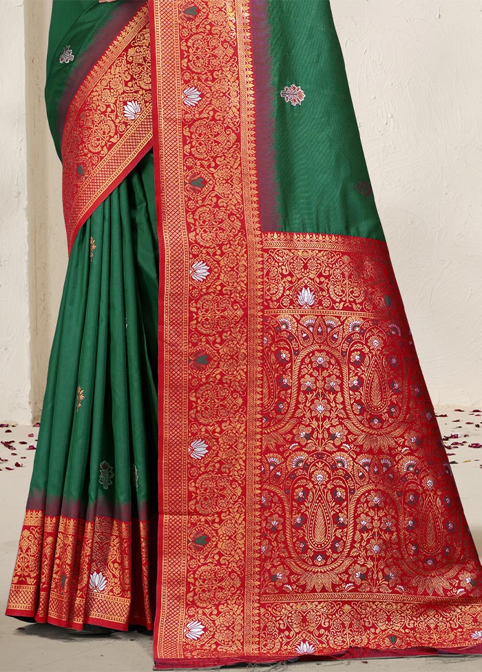 Bottle Green Dupion Silk Saree With Blouse Piece