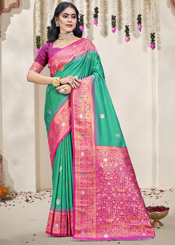 Teal Green Dupion Silk Saree With Blouse Piece