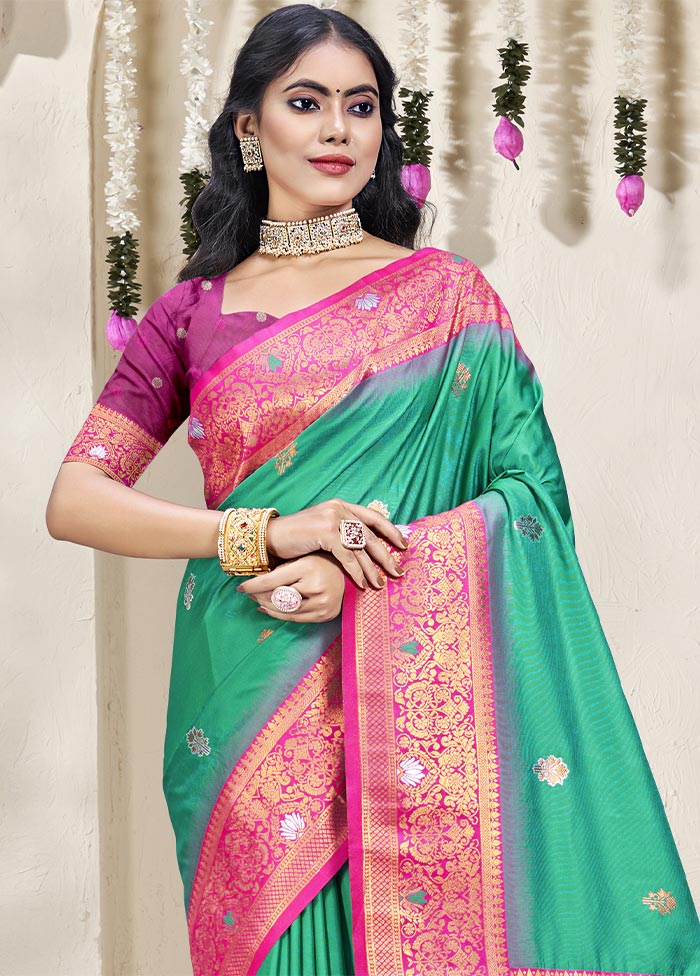 Teal Green Dupion Silk Saree With Blouse Piece