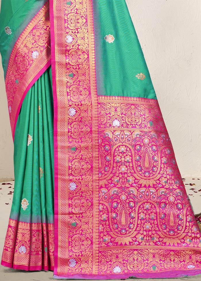 Teal Green Dupion Silk Saree With Blouse Piece