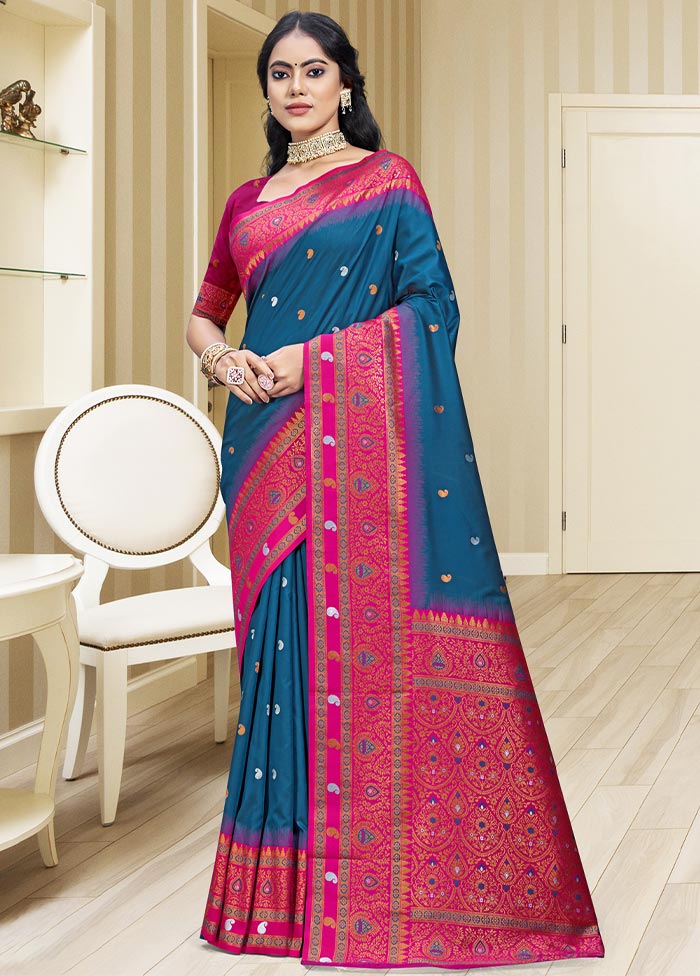 Blue Dupion Silk Saree With Blouse Piece