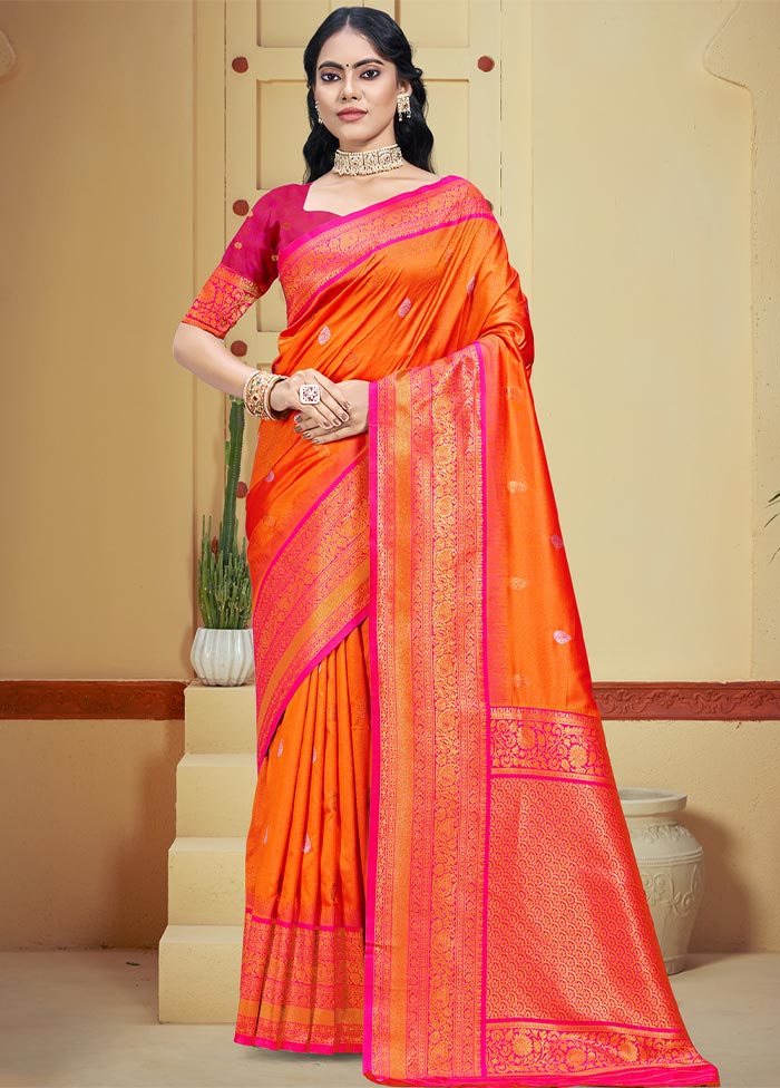 Orange Dupion Silk Saree With Blouse Piece