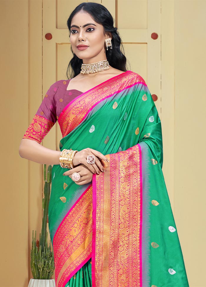 Teal Green Dupion Silk Saree With Blouse Piece