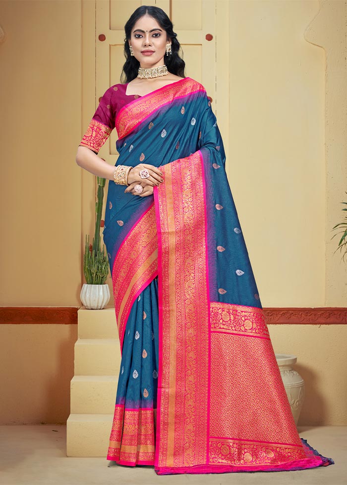 Blue Dupion Silk Saree With Blouse Piece