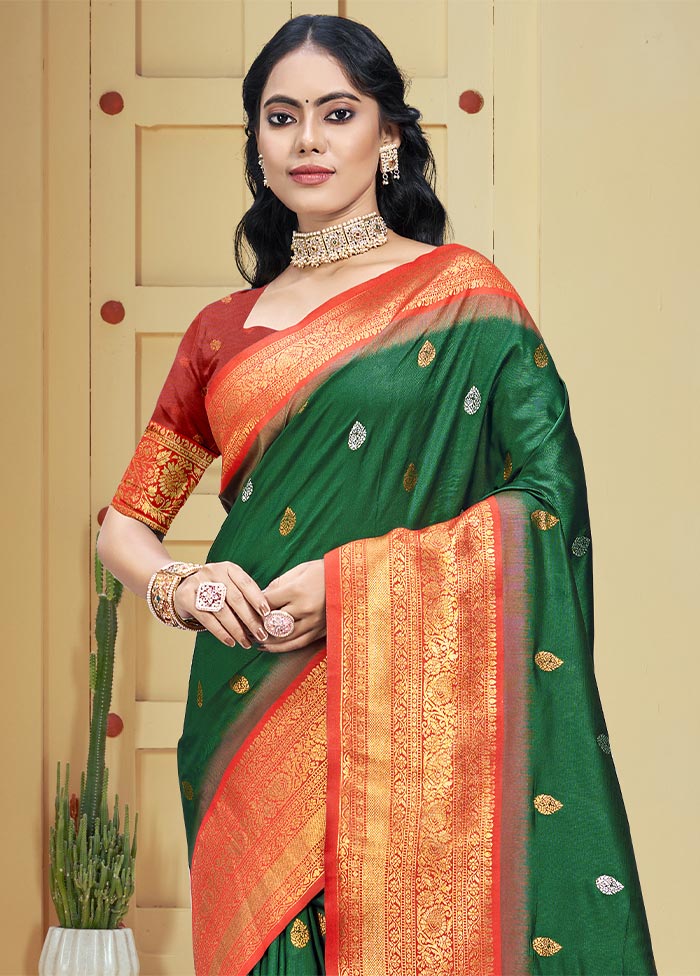 Dark Green Dupion Silk Saree With Blouse Piece