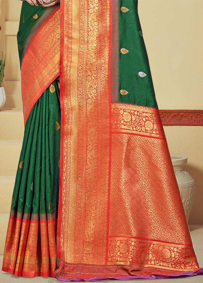 Dark Green Dupion Silk Saree With Blouse Piece