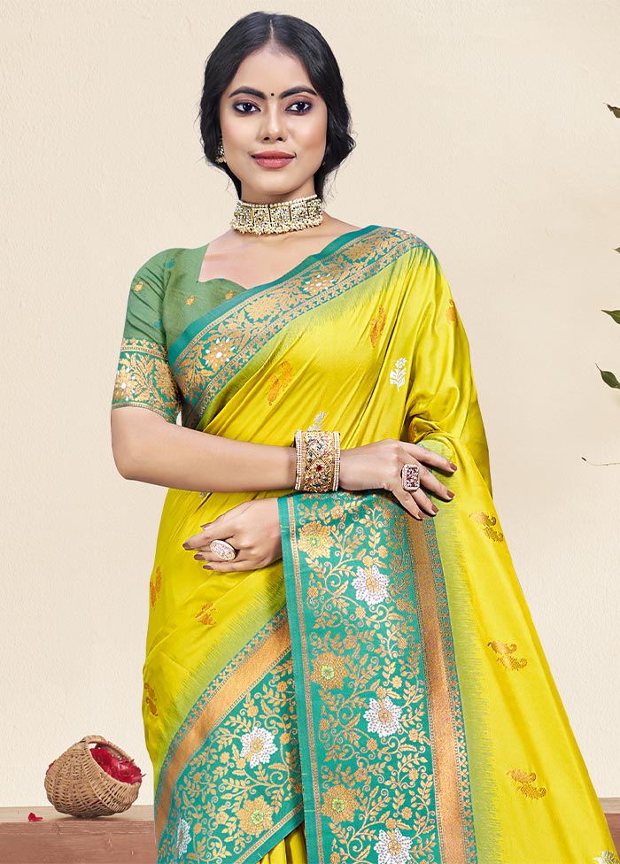 Yellow Dupion Silk Saree With Blouse Piece