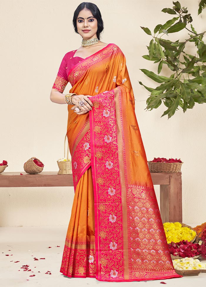 Orange Dupion Silk Saree With Blouse Piece