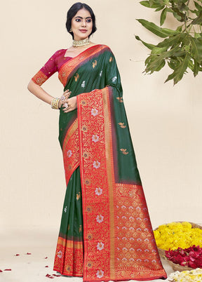 Bottle Green Dupion Silk Saree With Blouse Piece