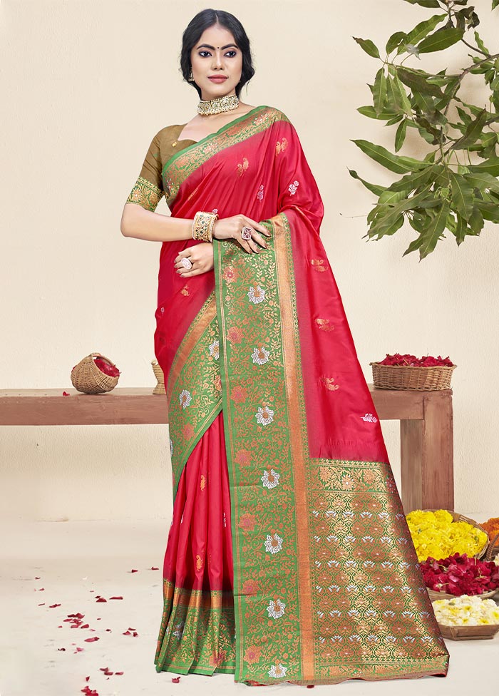 Dark Pink Dupion Silk Saree With Blouse Piece