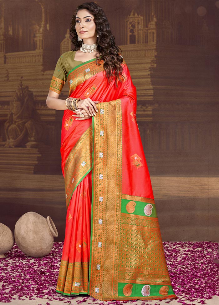 Red Dupion Silk Saree With Blouse Piece