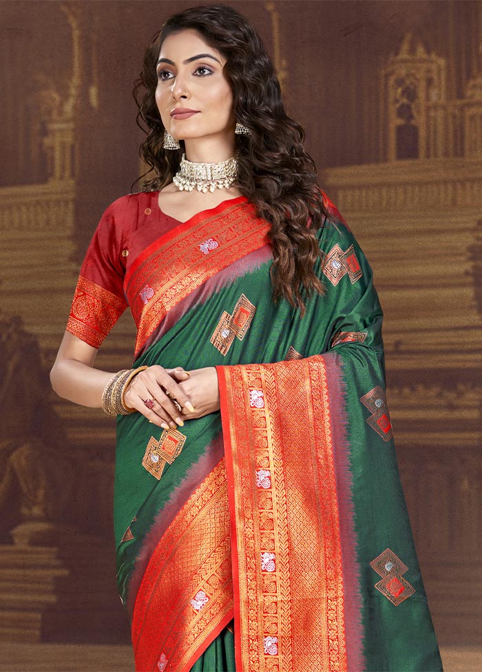 Bottle Green Dupion Silk Saree With Blouse Piece