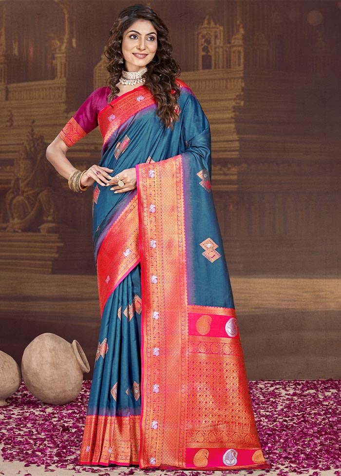 Blue Dupion Silk Saree With Blouse Piece