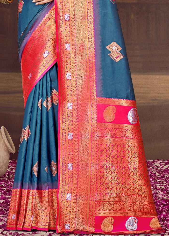 Blue Dupion Silk Saree With Blouse Piece