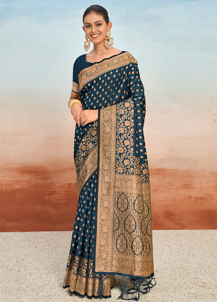 Navy Blue Dupion Silk Saree With Blouse Piece