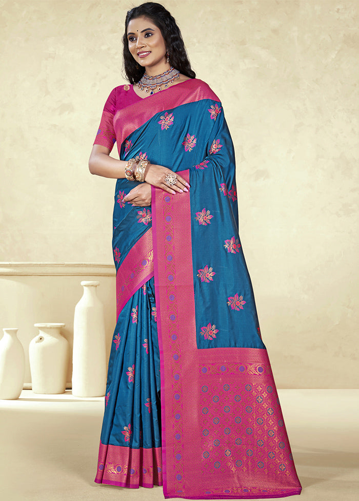 Blue Dupion Silk Saree With Blouse Piece