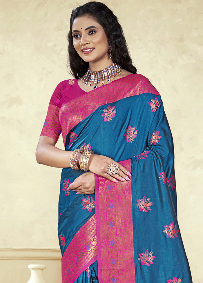 Blue Dupion Silk Saree With Blouse Piece