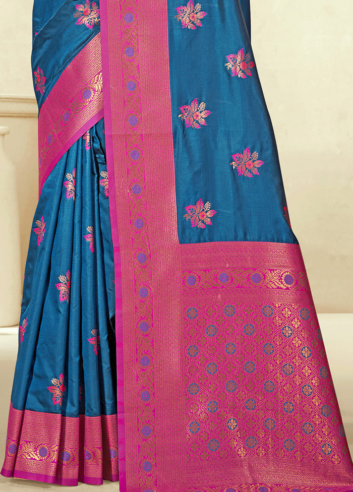 Blue Dupion Silk Saree With Blouse Piece