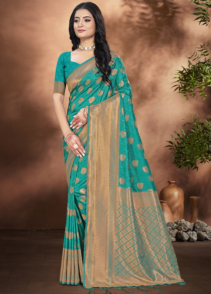 Turquoise Spun Silk Saree With Blouse Piece