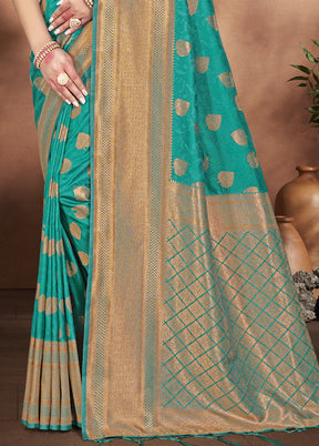 Turquoise Spun Silk Saree With Blouse Piece