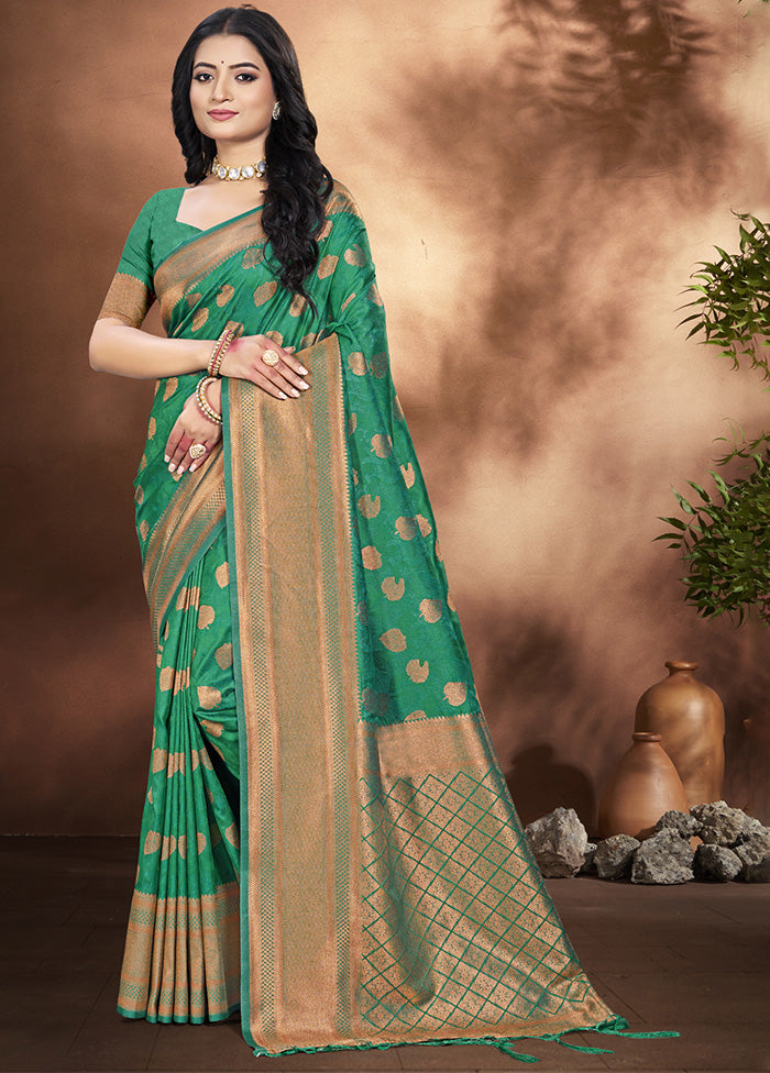 Rama Green Spun Silk Saree With Blouse Piece